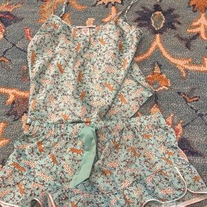 Victoria's Secret Teal Floral Leopard Print Pajama Set Satin